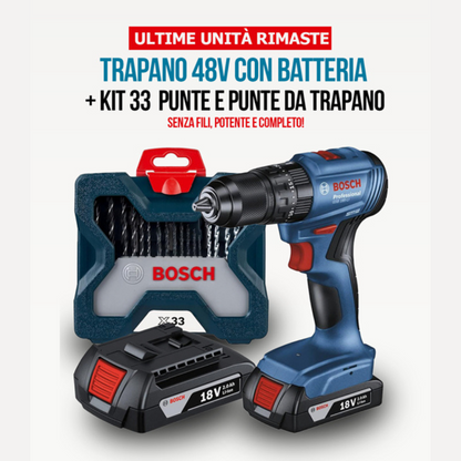 Kit Trapano Avvitatore a Percussione 18V Senza Fili | 2 Batterie + Kit di Punte e Trapani Bosch X-Line 33 pz