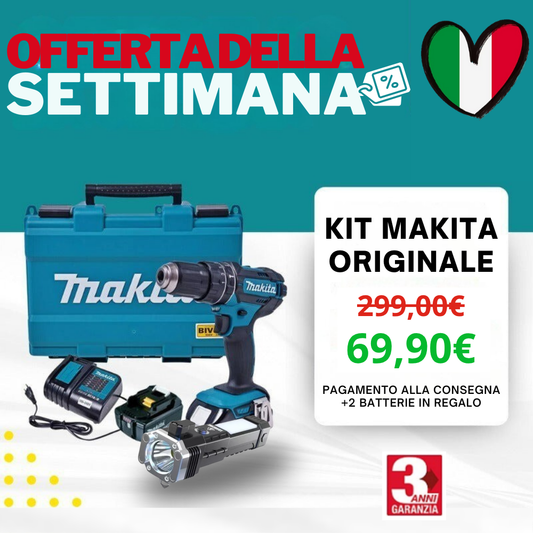 KIT ORIGINALE MAKITA: TRAPANO AVVITATORE A PERCUSSIONE PER FORATURE E AVVITATURE GRAVOSE + 45 ACCESSORI + 2 BATTERIE 48V - SUPER OFFERTA DI LANCIO®